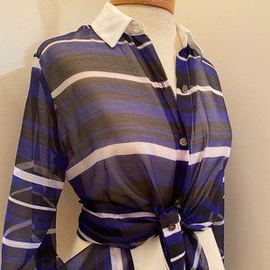 Vince Camuto sheer white black royal stripe blouse with white collar and cuffs